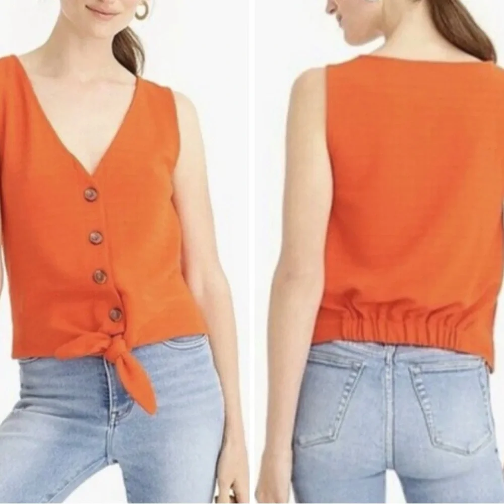 J. Crew Orange Textured Tie Front Button Down Tank Top